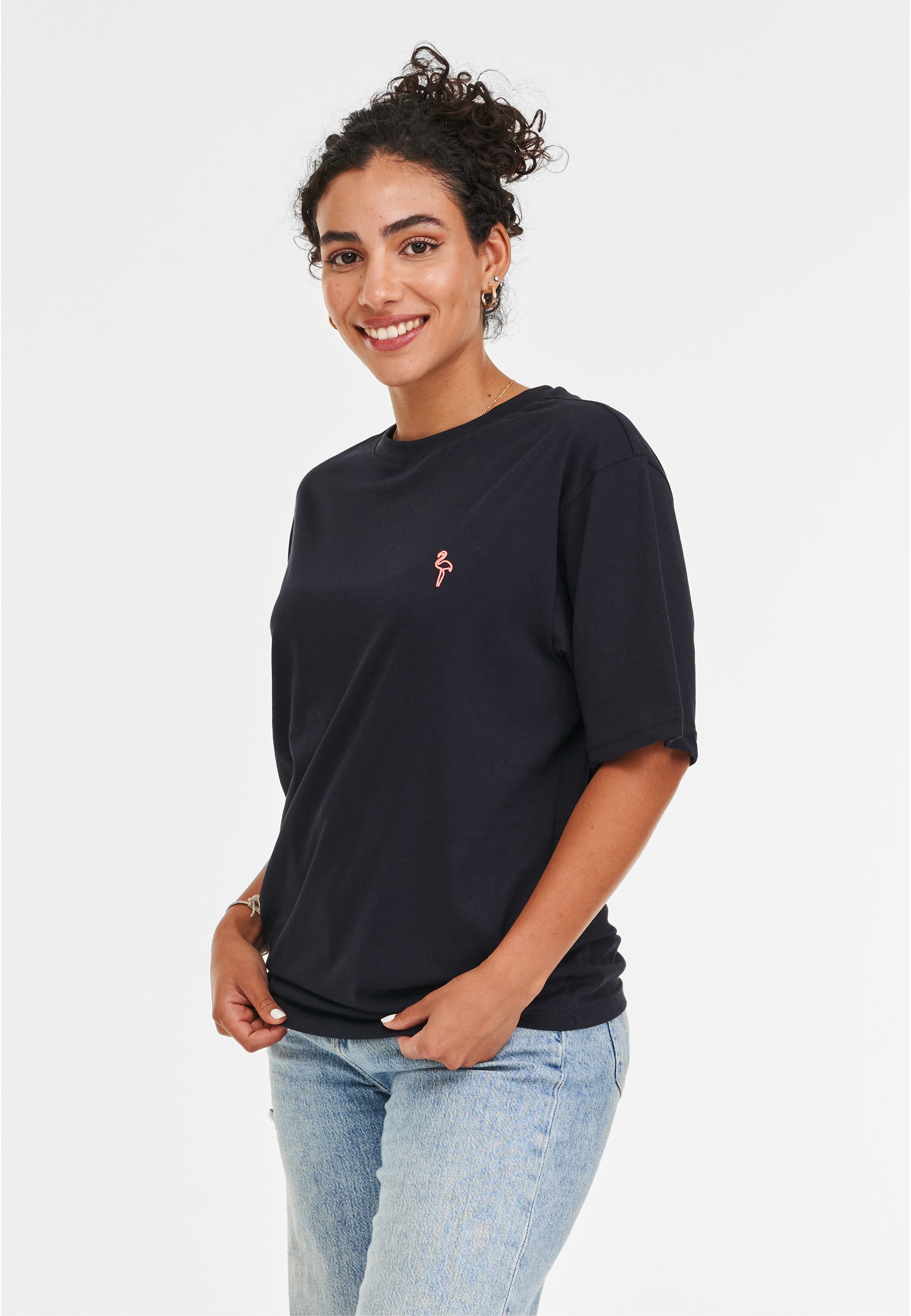 T-SHIRT NAVY MIT FLAMINGO STICKEREI