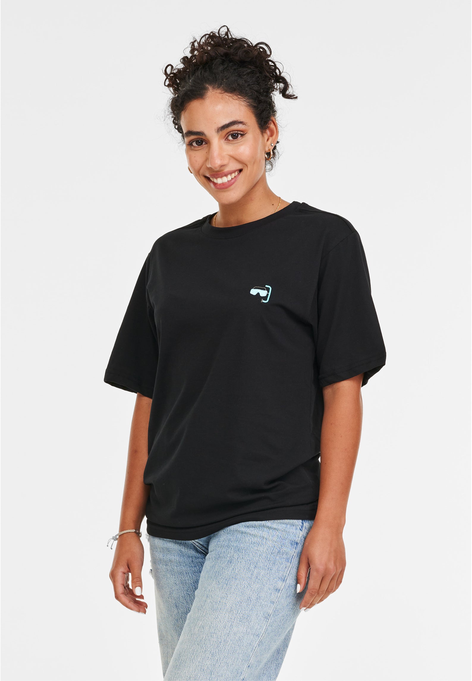 T-SHIRT SCHWARZ MIT TAUCHERBRILLE STICKEREI
