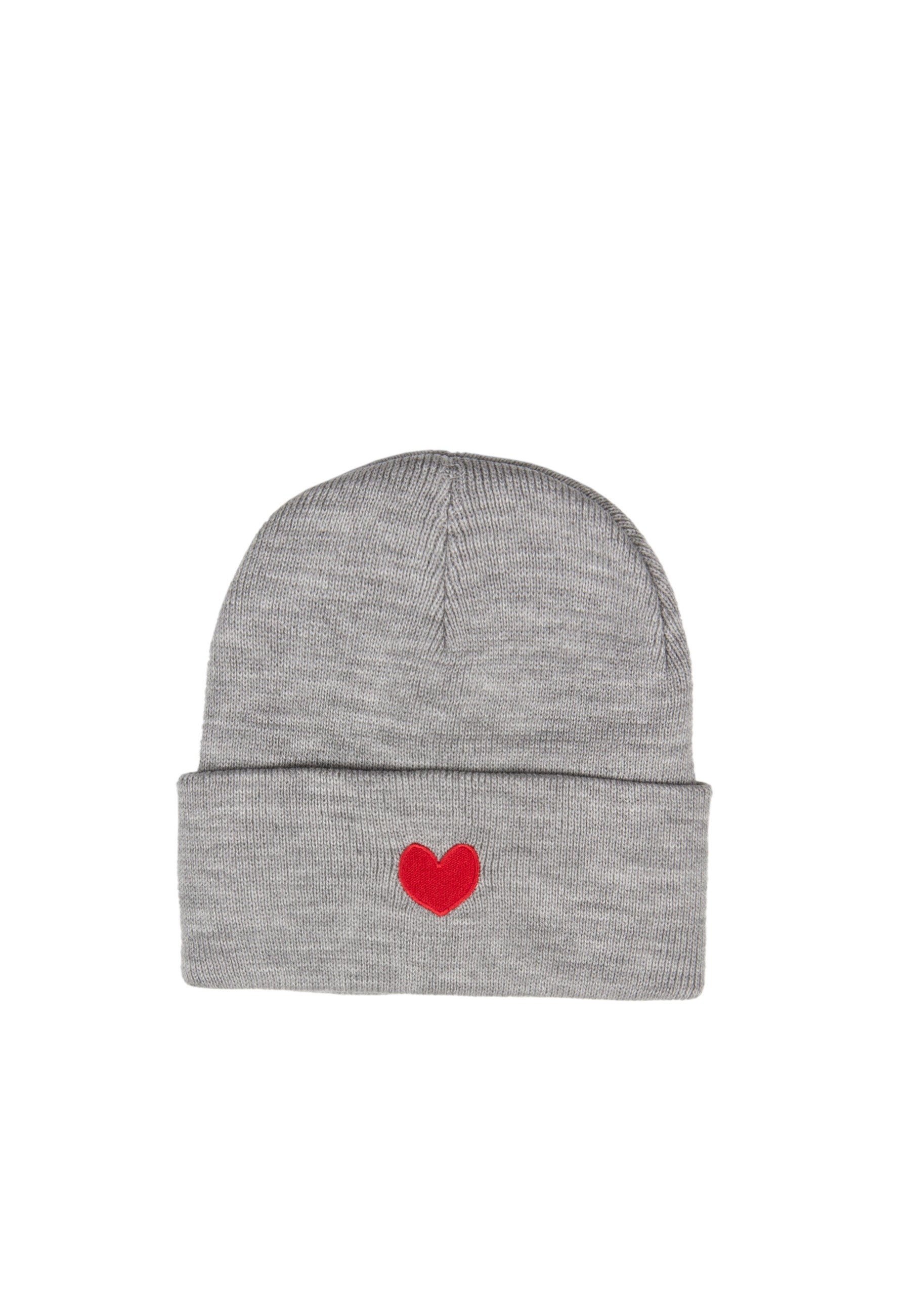 Beanie Herz Hellgrau Melange & Rot